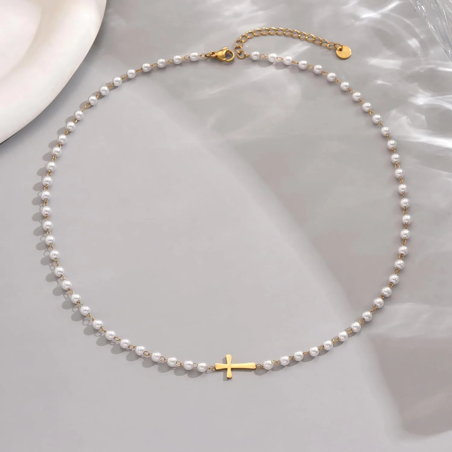 Cross Pendant Necklace for Women 18K Gold Plated Cubic Zirconia Diamond Pearl Beaded Cross Choker Necklaces Faith Religious Jewelry Gifts