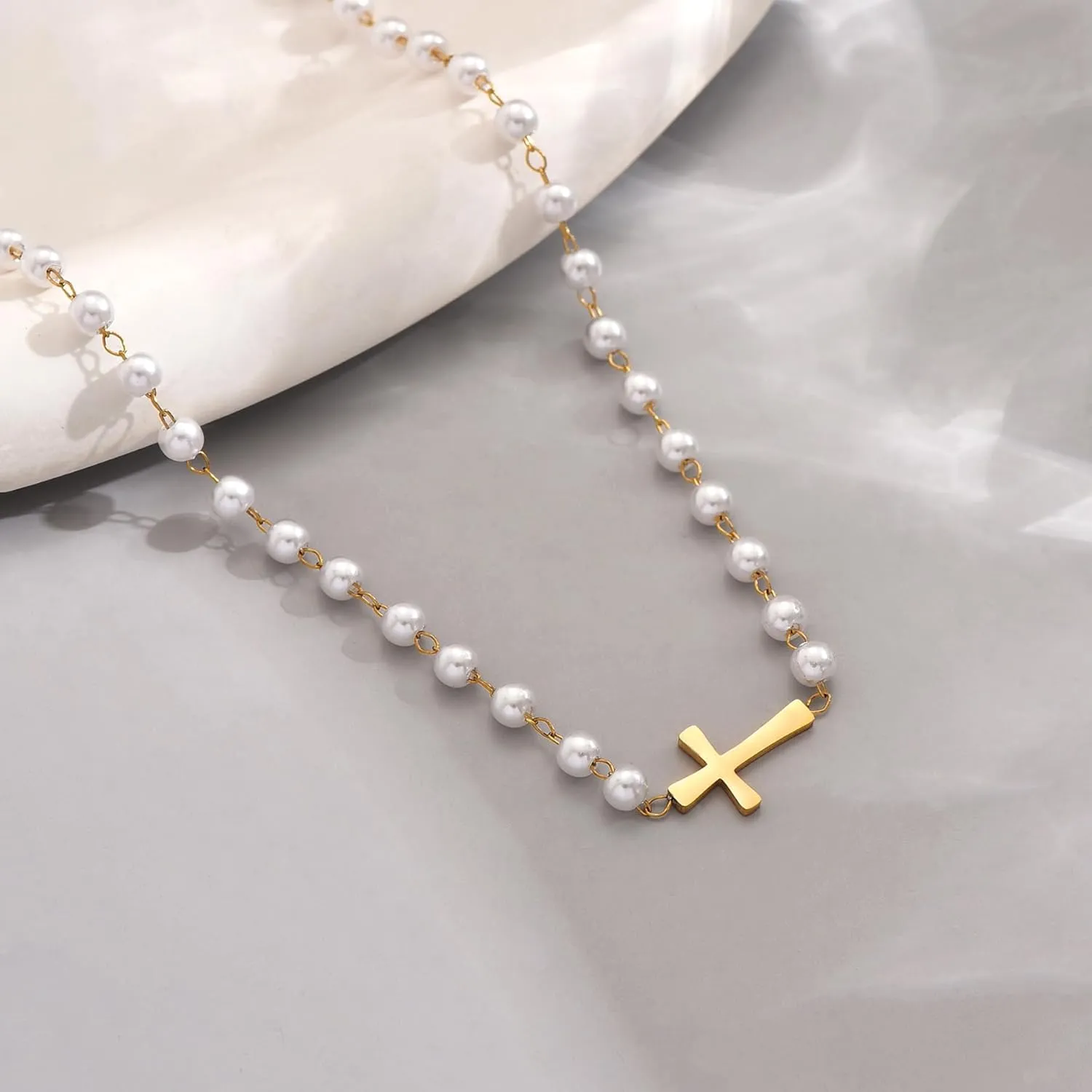 Cross Pendant Necklace for Women 18K Gold Plated Cubic Zirconia Diamond Pearl Beaded Cross Choker Necklaces Faith Religious Jewelry Gifts