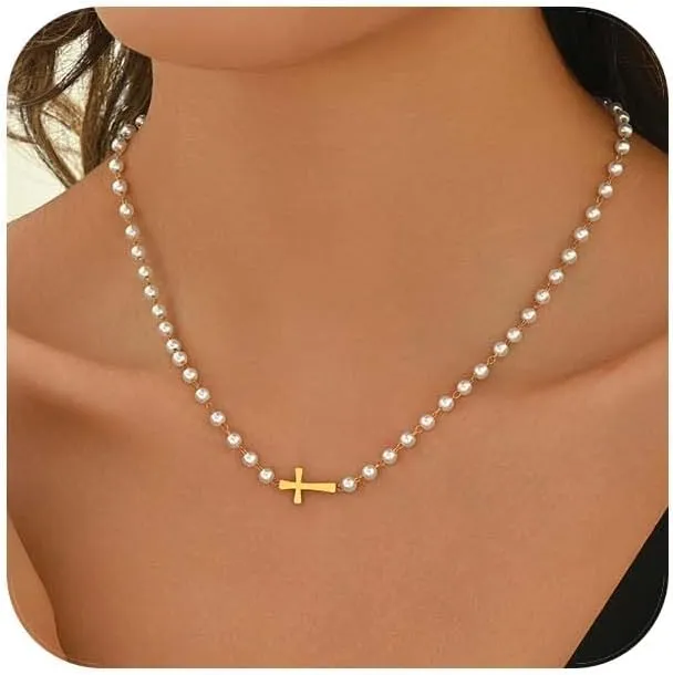 Cross Pendant Necklace for Women 18K Gold Plated Cubic Zirconia Diamond Pearl Beaded Cross Choker Necklaces Faith Religious Jewelry Gifts