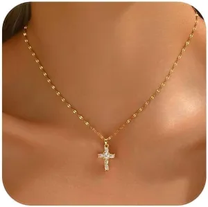 Cross Pendant Necklace for Women 18K Gold Plated Cubic Zirconia Diamond Pearl Beaded Cross Choker Necklaces Faith Religious Jewelry Gifts