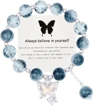 Crystal Beaded Bracelets for Women Crackle Glass Beads Bracelet Butterfly Charm Bracelet Stretch Crystal Beads Butterfly Bracelet for Women