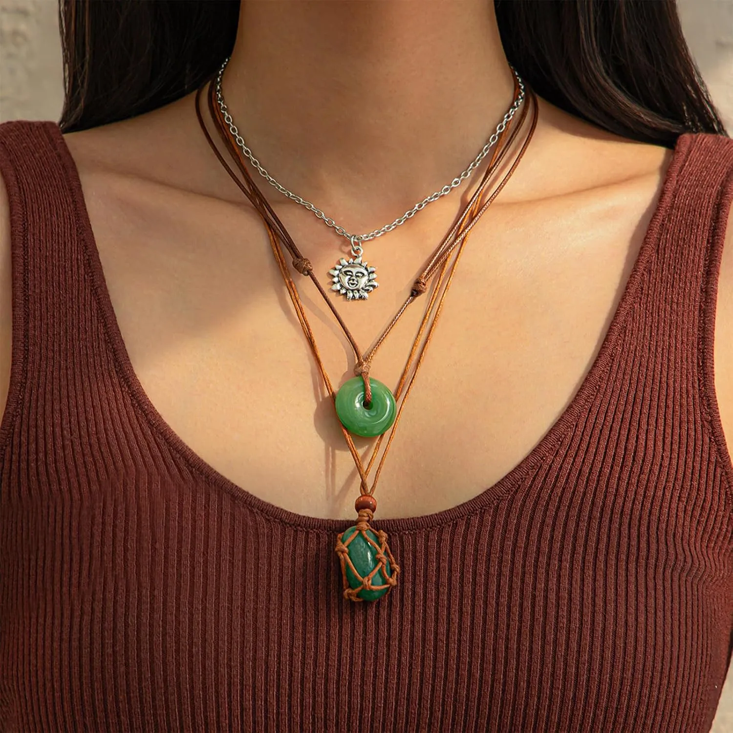 Crystal Holder Necklace for Women Natural Gemstone Crystal Pendant Necklace Handmade Boho Sun Necklace Summer Beach Jewelry Accessories