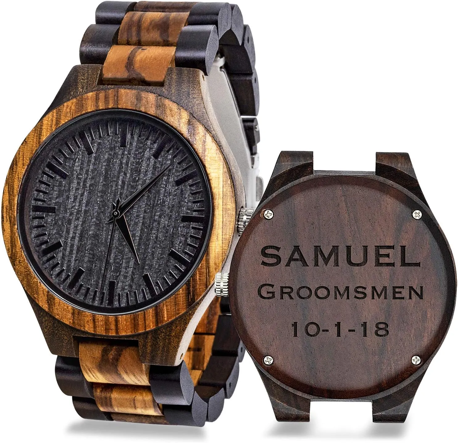 Custom Engraved Mens Wooden Watch, Sandalwood Wood Watch for Men, Groomsmen Gifts with Box Double-Side Engraving