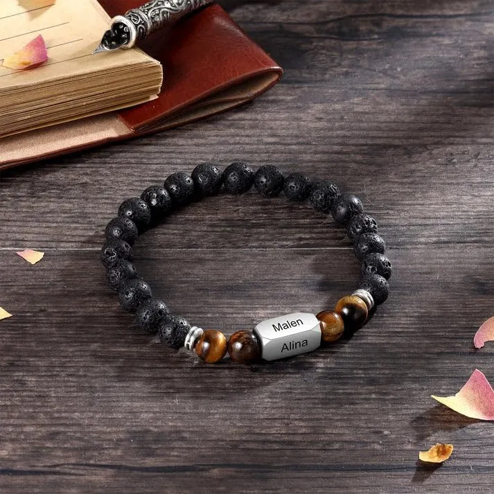 Custom Engraved Stone Bracelets for Men and Women - Personalized Lava and Tiger Eye Beads Bracelet - Gift for Husband, Father