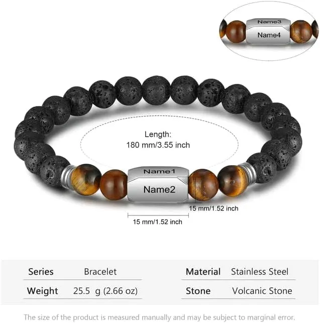 Custom Engraved Stone Bracelets for Men and Women - Personalized Lava and Tiger Eye Beads Bracelet - Gift for Husband, Father