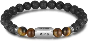 Custom Engraved Stone Bracelets for Men and Women - Personalized Lava and Tiger Eye Beads Bracelet - Gift for Husband, Father