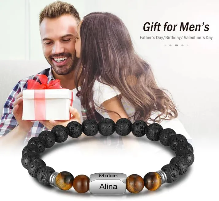 Custom Engraved Stone Bracelets for Men and Women - Personalized Lava and Tiger Eye Beads Bracelet - Gift for Husband, Father