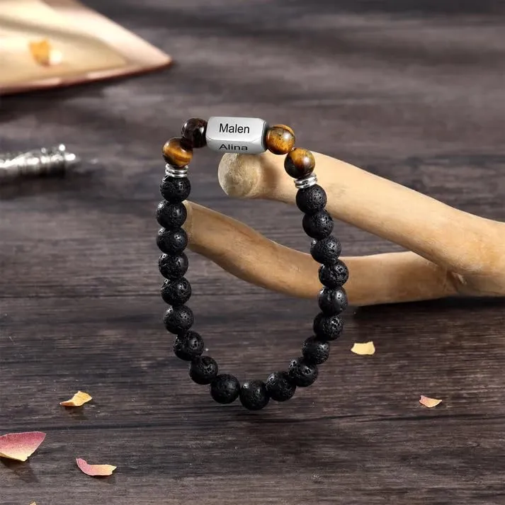 Custom Engraved Stone Bracelets for Men and Women - Personalized Lava and Tiger Eye Beads Bracelet - Gift for Husband, Father