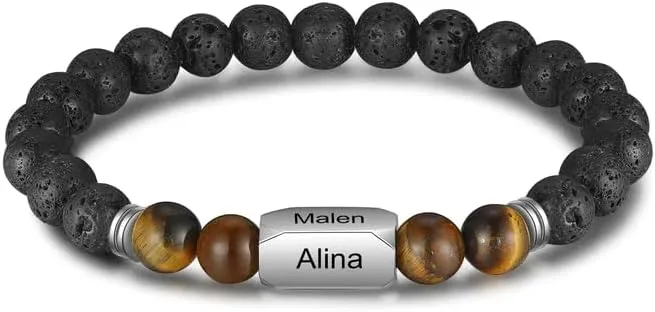 Custom Engraved Stone Bracelets for Men and Women - Personalized Lava and Tiger Eye Beads Bracelet - Gift for Husband, Father