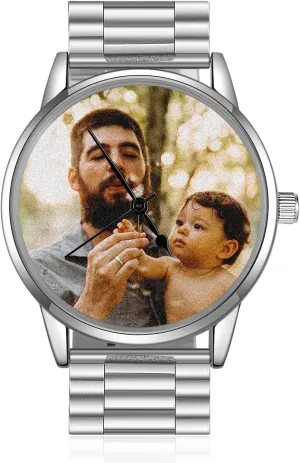 Customized Watches for Men Personalized Engraved Photo Text Watches for Men Stainless Steel Strap Custom Picture Watch Gifts for Dad Father's Day (Silver)