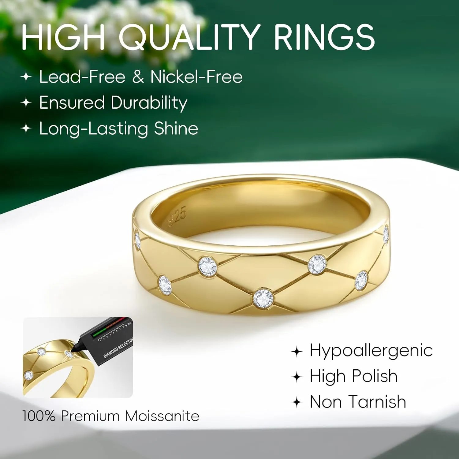 Dainty Eternity Wedding Rings for Women | Moissanite or Lab Grown Emerald 925 Sterling Silver 14K Gold Plated Stackable Band Non Tarnish | Birthday Jewelry Gifts for Her Size 5-10