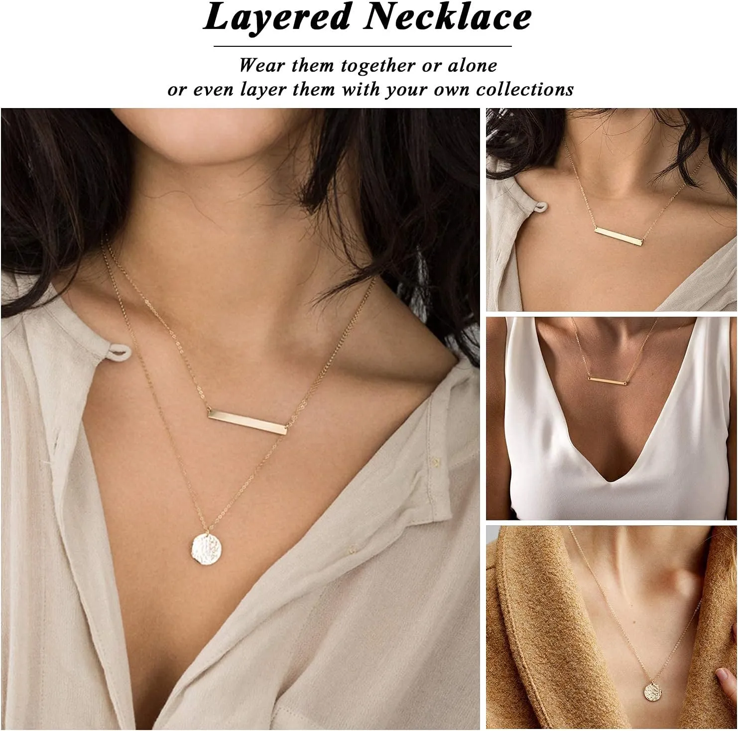 Dainty Gold Layered Bar Neckalce Moon Pendant Lariat Y Necklace 14K Gold Simple Necklace for Women
