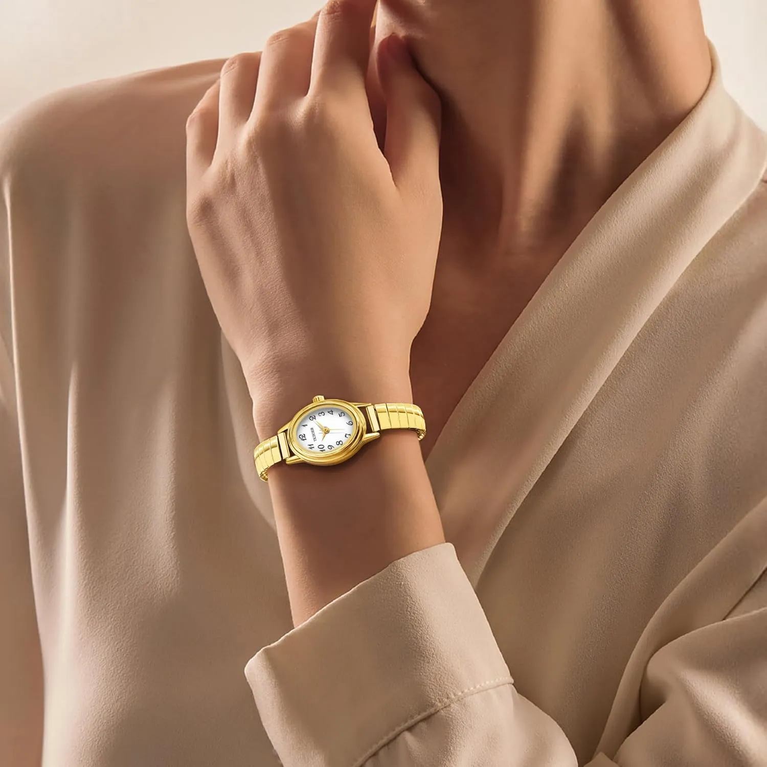 Dainty Gold Watches for Women, Easy to Read Ladies Analog Watch, 30M Waterproof, Luminous Dial, Stainless Steel Stretch Expansion Strap