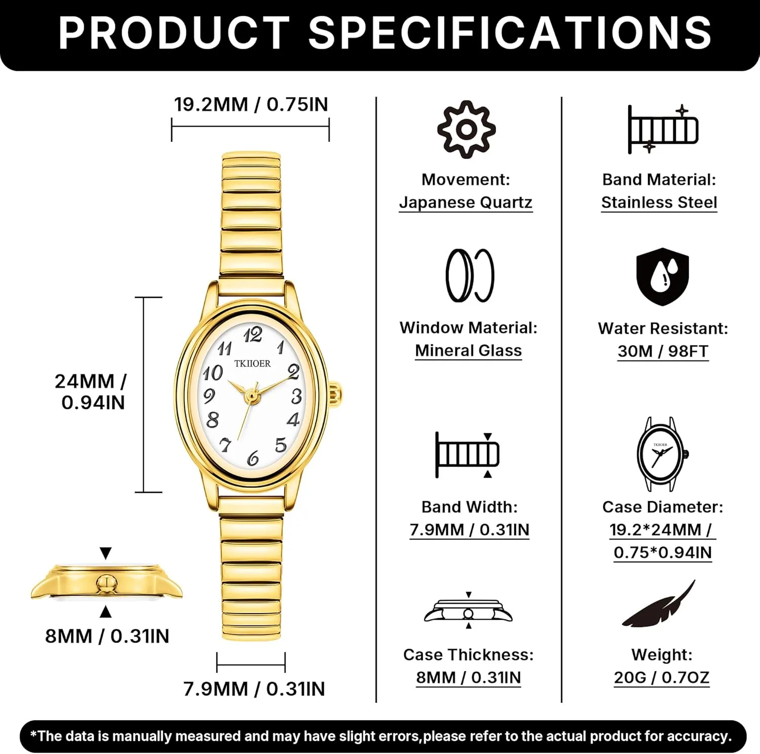 Dainty Gold Watches for Women, Easy to Read Ladies Analog Watch, 30M Waterproof, Luminous Dial, Stainless Steel Stretch Expansion Strap