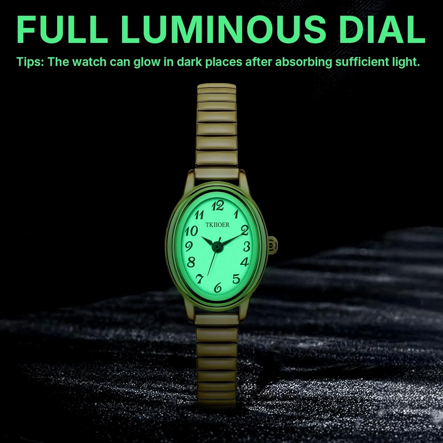 Dainty Gold Watches for Women, Easy to Read Ladies Analog Watch, 30M Waterproof, Luminous Dial, Stainless Steel Stretch Expansion Strap