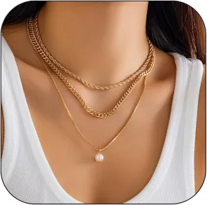 Dainty Layered Snake Paperclip Chain Necklaces Set for Women, 14k Gold Charm stacked Pearl Twisty Cuban Square Box Chain Choker Necklace Jewelry Gift