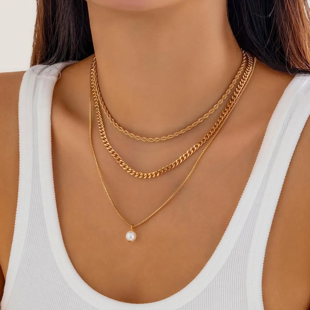 Dainty Layered Snake Paperclip Chain Necklaces Set for Women, 14k Gold Charm stacked Pearl Twisty Cuban Square Box Chain Choker Necklace Jewelry Gift