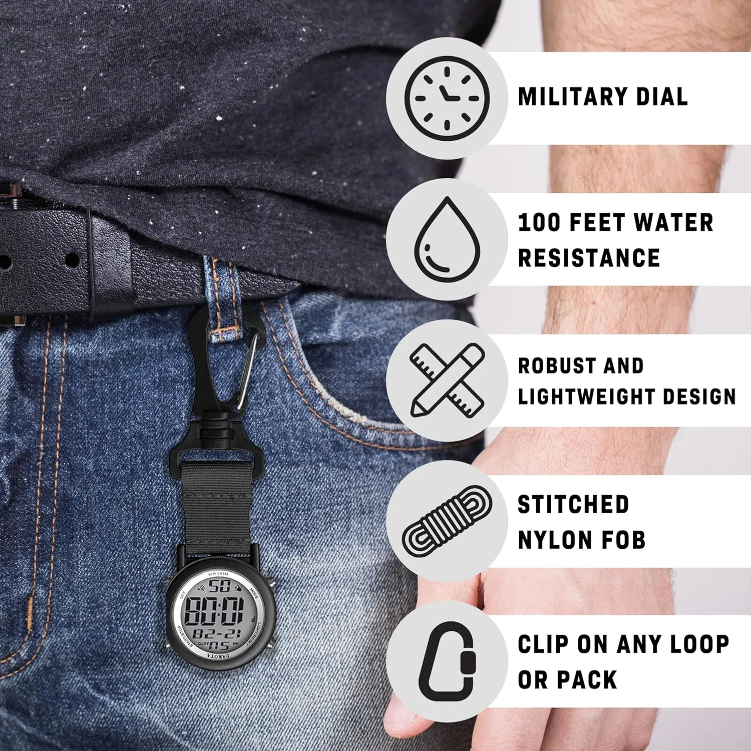Dakota Digital Clip, Clip Watch, Alarm, Fob Watch, Timer and Dual Time, Outdoor Gifts for Men and Women, Use for Fishing Hunting, and More