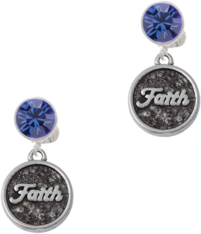 Delight Jewelry Silvertone Antiqued Round Seal - Faith - Large Crystal Clip on Earrings