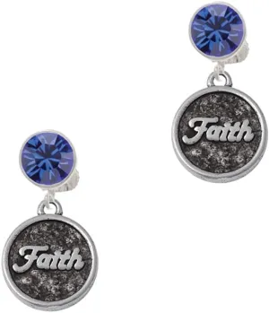 Delight Jewelry Silvertone Antiqued Round Seal - Faith - Large Crystal Clip on Earrings