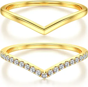 Dochais 2PCS Silver Rings for Women 925 Sterling Silver 14k Gold Plated Wishbone Ring Non Tarnish Wedding Bands Stackable Dainty V Shaped Rings CZ Wedding Rings Promise Ring Engagement 5-10