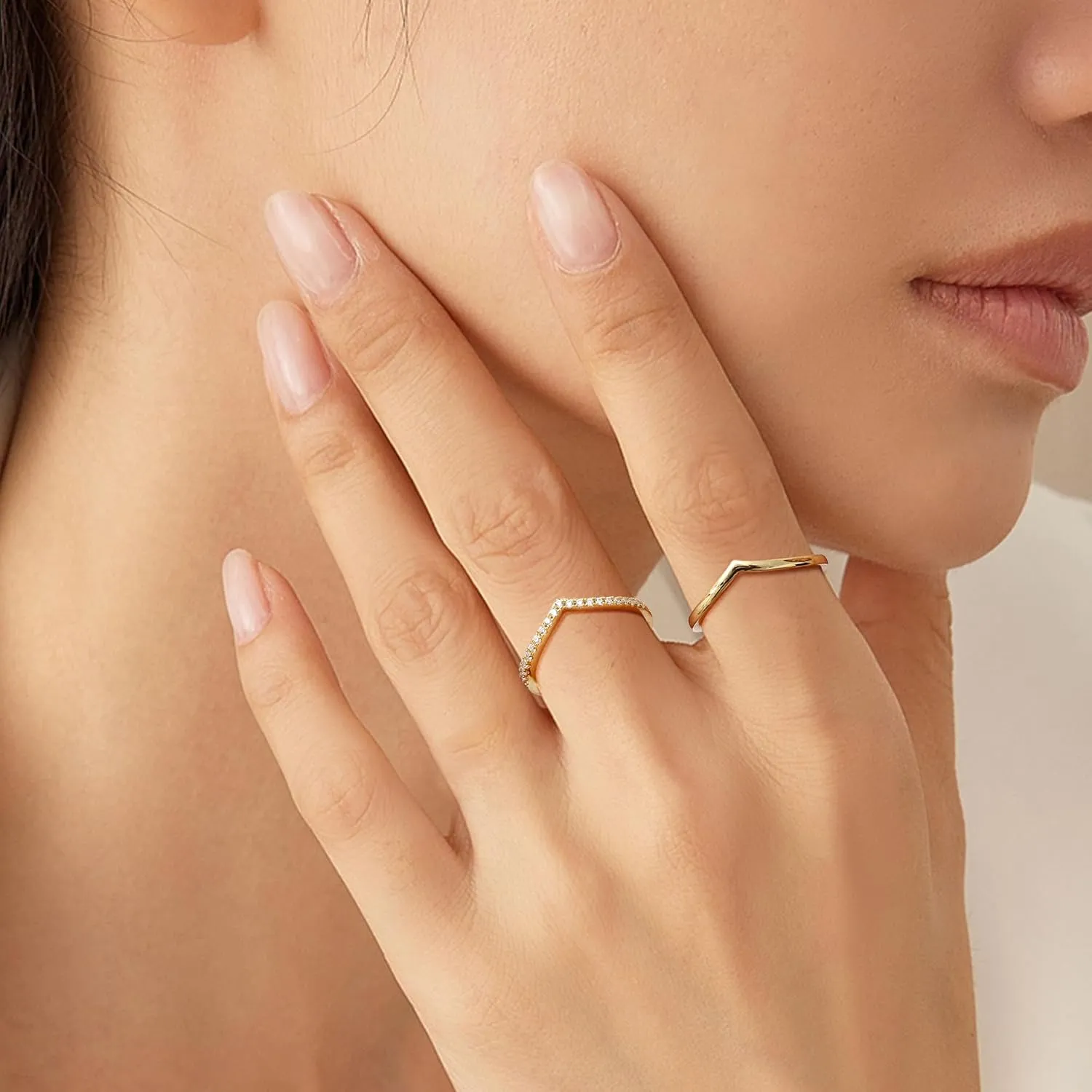 Dochais 2PCS Silver Rings for Women 925 Sterling Silver 14k Gold Plated Wishbone Ring Non Tarnish Wedding Bands Stackable Dainty V Shaped Rings CZ Wedding Rings Promise Ring Engagement 5-10