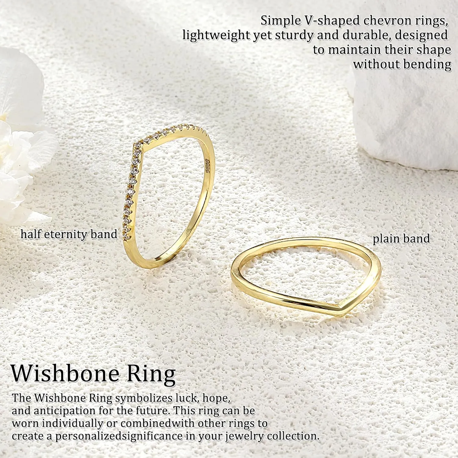 Dochais 2PCS Silver Rings for Women 925 Sterling Silver 14k Gold Plated Wishbone Ring Non Tarnish Wedding Bands Stackable Dainty V Shaped Rings CZ Wedding Rings Promise Ring Engagement 5-10