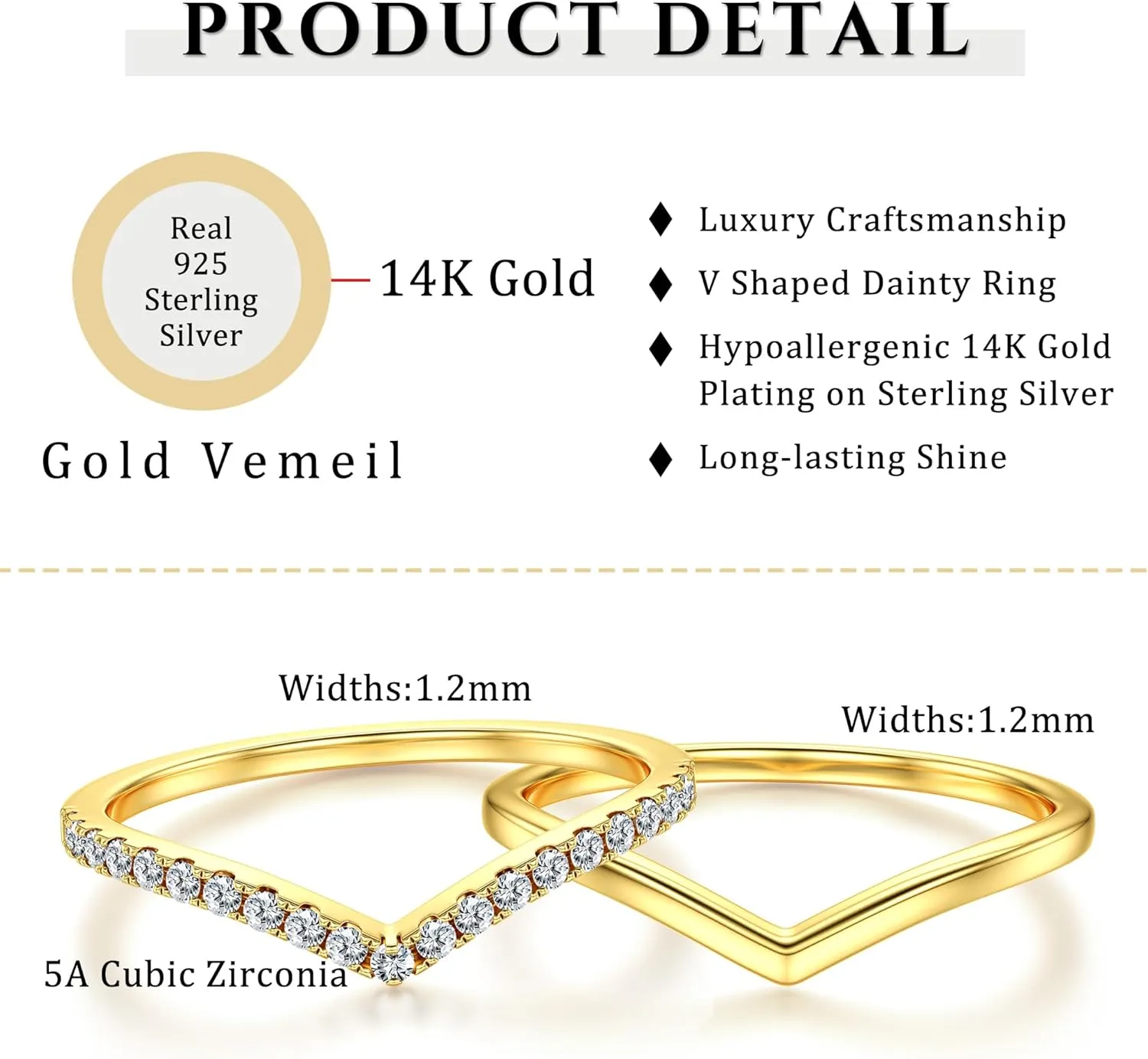 Dochais 2PCS Silver Rings for Women 925 Sterling Silver 14k Gold Plated Wishbone Ring Non Tarnish Wedding Bands Stackable Dainty V Shaped Rings CZ Wedding Rings Promise Ring Engagement 5-10