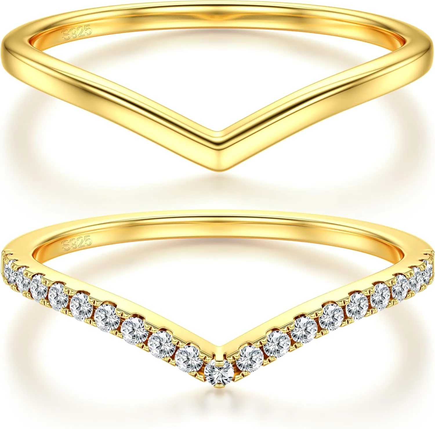 Dochais 2PCS Silver Rings for Women 925 Sterling Silver 14k Gold Plated Wishbone Ring Non Tarnish Wedding Bands Stackable Dainty V Shaped Rings CZ Wedding Rings Promise Ring Engagement 5-10