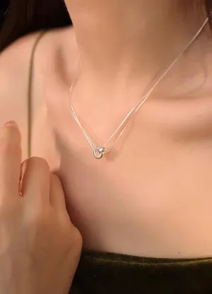 Double Layer Sterling Silver Plated Interlocking Rings Pendant Necklace, Chain Link Design