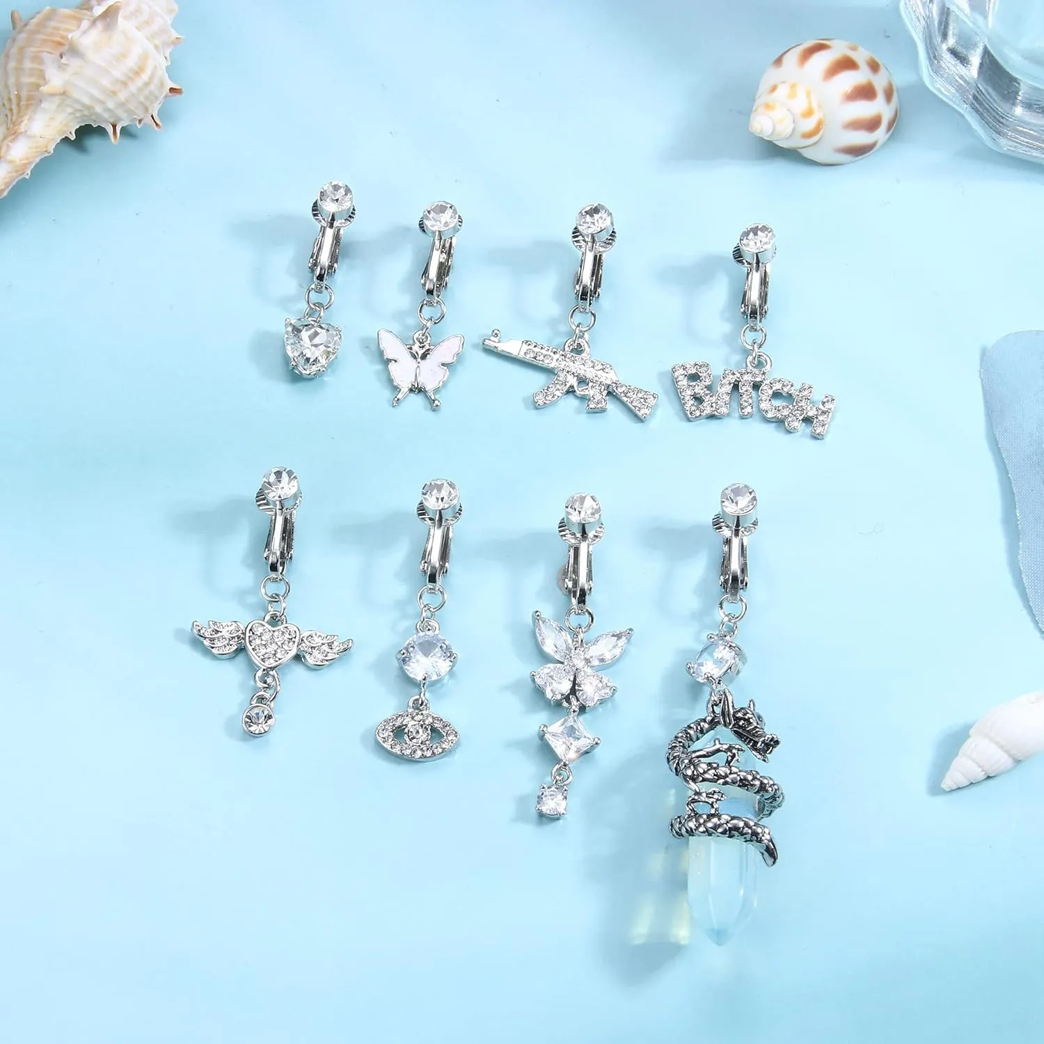 Drperfect 8PCS Faux Belly Button Piercing Clip On Belly Button Rings For Women Pink Purple Blue CZ Heart Butterfly Dragon Fake Navel Ring Non Piercing