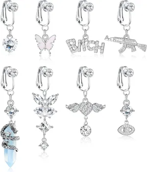 Drperfect 8PCS Faux Belly Button Piercing Clip On Belly Button Rings For Women Pink Purple Blue CZ Heart Butterfly Dragon Fake Navel Ring Non Piercing