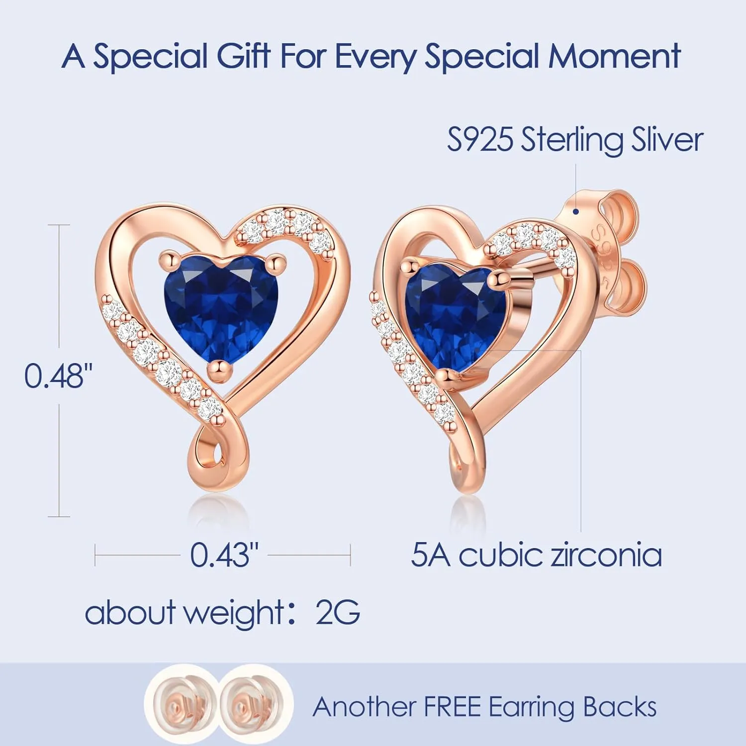 Earrings for Women, S925 Sterling Silver Rose Gold Birthstone Heart Studs Earring for Girlfriend Wife, Anniversary Birthday Christmas Valentines Mothers Day Gifts Jewelry for Women Wife Her Mom