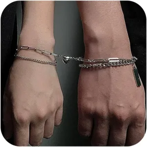 eartif Couples Matching Bracelets for BF and GF Adjustable Punk Layered Heart Stainless Steel Bracelet for Women Men His and Her Bracelets Friendship Relationship Bracelet Couples Jewelry Gifts 2PCS