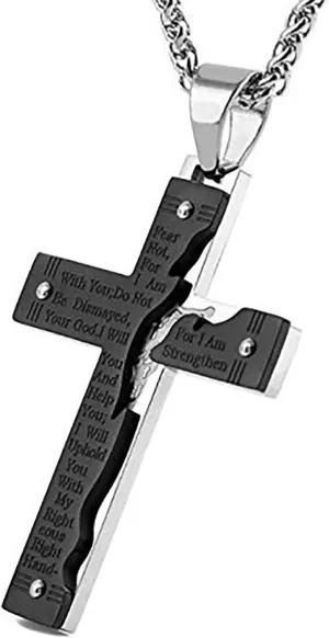 Easter Gift Men's Fear Not Isaiah 41v10 Stainless Steel Cross Necklace Black & Silver Mens Jewelry Cross Necklaces Christian Religious Gifts for Men for Dad, Father's Easter