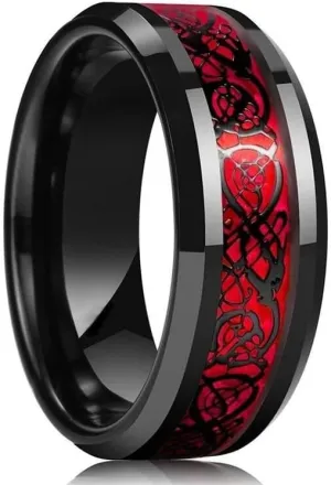 Elegant Red Heart & Rose Pattern Stainless Steel Couple Ring Black Size 11
