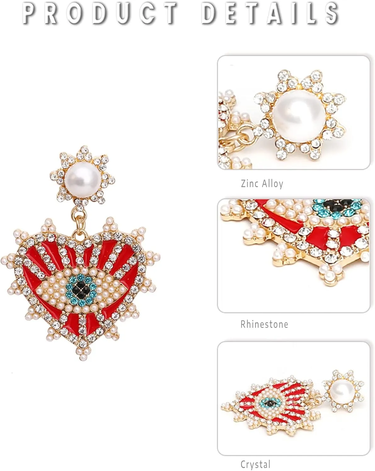 Evil Eye Earrings-Statement Heart Crystal Drop Earrings for Women, Big Dangle Earrings