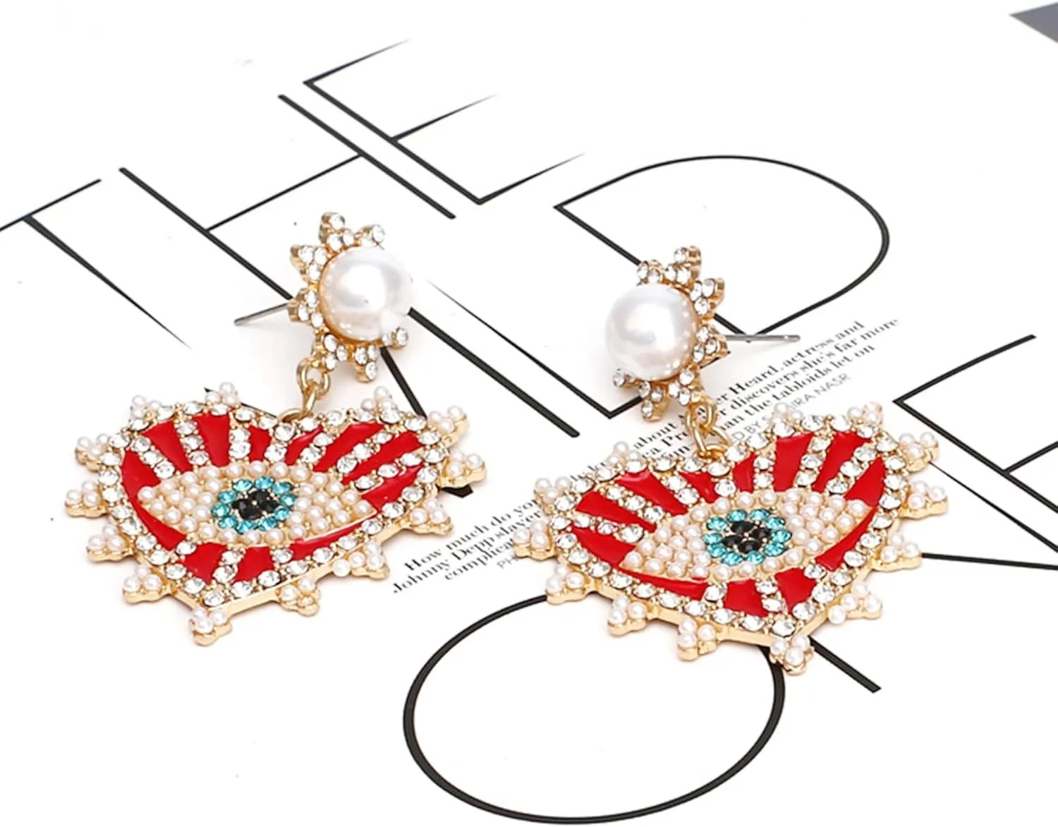 Evil Eye Earrings-Statement Heart Crystal Drop Earrings for Women, Big Dangle Earrings