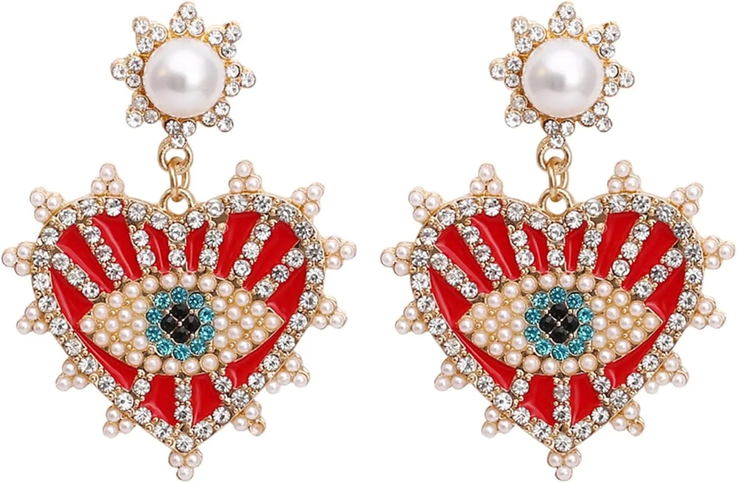 Evil Eye Earrings-Statement Heart Crystal Drop Earrings for Women, Big Dangle Earrings