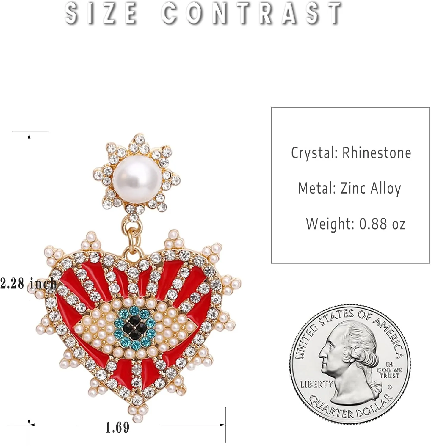 Evil Eye Earrings-Statement Heart Crystal Drop Earrings for Women, Big Dangle Earrings