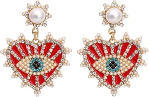 Evil Eye Earrings-Statement Heart Crystal Drop Earrings for Women, Big Dangle Earrings