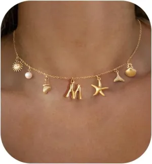 Ewrkbr Charm Initial Necklace for Women, 14K Gold Plated Summer Seashell Letter Necklace Boho Beach Starfish Initial Choker Necklace Chunky Gold Sun Letter Necklace Beach Gold Jewelry for Women