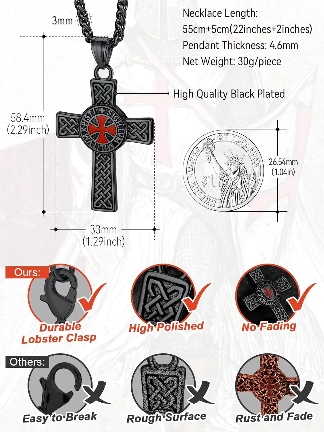 FaithHeart Knights Templar Seal Necklace Christ Fellow-Soldiers Jewelry for Men Women with Delicate Gift Packaging