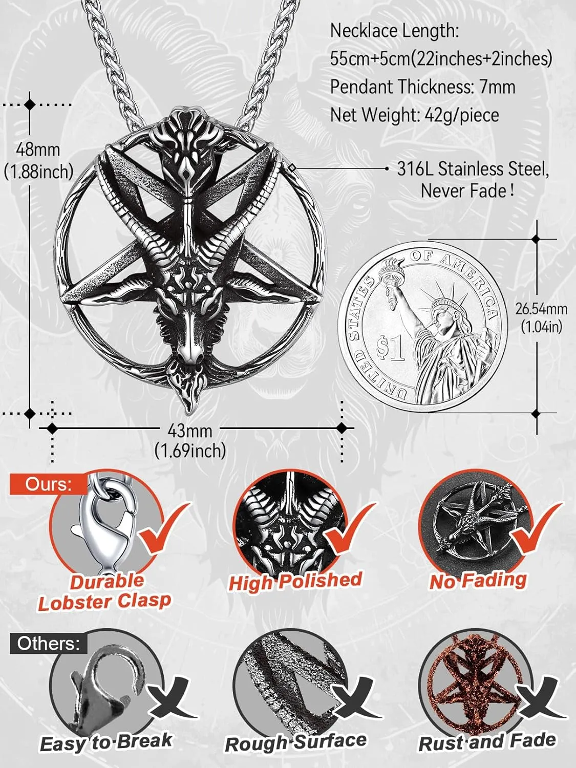 FaithHeart Leviathan Satanic Brimstone Cross Necklace, Gold Plated Stainless Steel Satan Church Jewelry, Alchemical Symbol for Brimstone Pendant Satan Goat Necklaces for Men with Gift Box