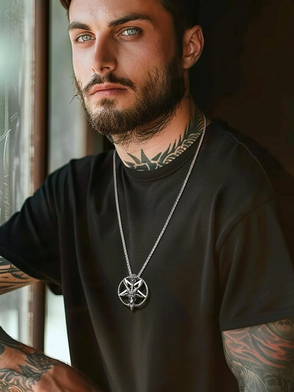 FaithHeart Leviathan Satanic Brimstone Cross Necklace, Gold Plated Stainless Steel Satan Church Jewelry, Alchemical Symbol for Brimstone Pendant Satan Goat Necklaces for Men with Gift Box