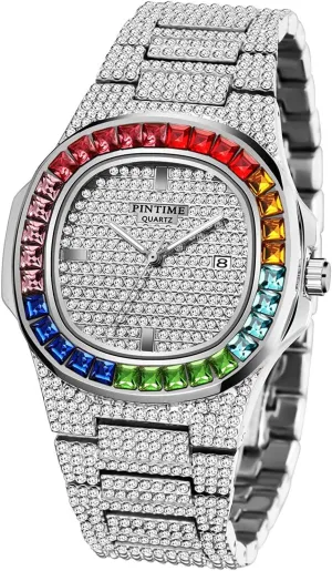FANMIS Luxury Bling-ed Out Colorful Full Diamond Watches Fashion Quartz Analog Stainless Steel Band Bracelet Wrist Watch
