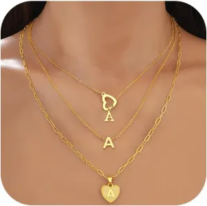 FAXHION Gold Initial Necklaces for Women, 3 Pcs 14K Gold Plated Letter Heart Pendant Necklaces, Dainty Gold Letter Necklace Set Layering Choker Necklace for Gift (Gold, A)