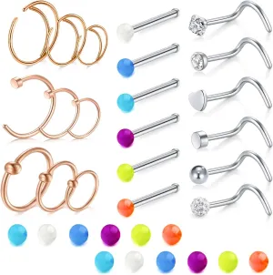 FECTAS 20g Nose Rings Hoop Surgical Steel Nose Studs Screw Nostril Piercing Piercing Ring Hoops Jewelry Set for Women Men 8/10/12mm