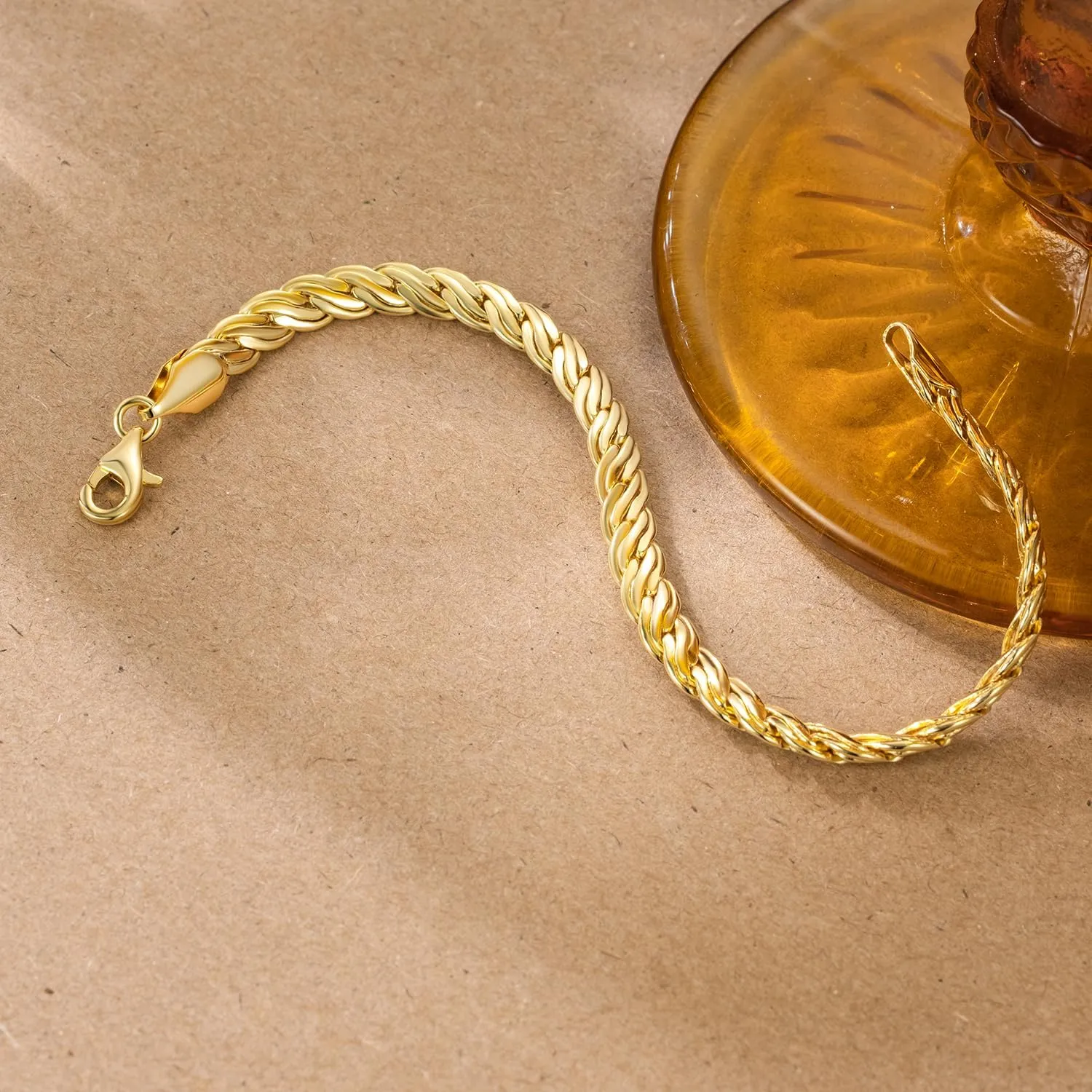 FEGER 14K Gold Double-Row Braid Chain Bracelet for Men and Women Non-Tarnish Bracelets with Lobster Clasp Available in 5 Sizes (6.5''-8.5'')