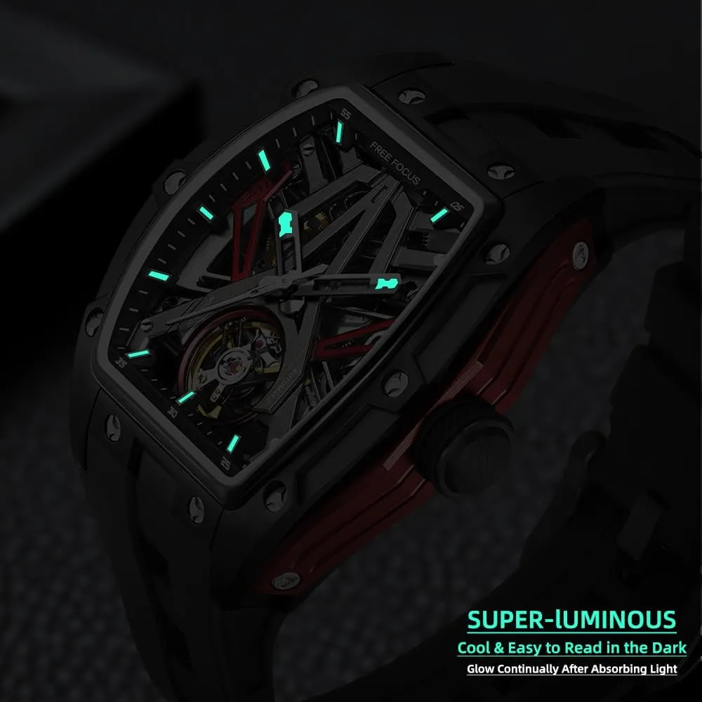 FF Unique Men Watches,Automatic Mechanical Watch,Luxury Hollow Tonneau Watches for Men with Stainless Steel Case and Silicon Band (Self-Wind Movement/Waterproof/Super_Luminous)